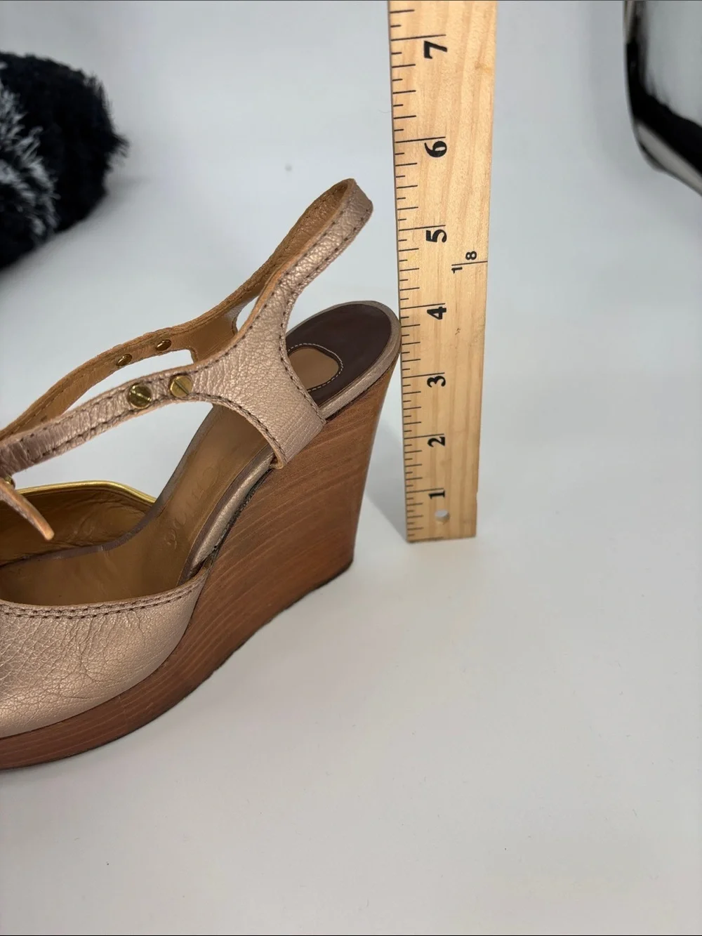 Chloe leather Metallic Peep Toe Ankle Strap Wooden Wedge rare sandal shoes 36